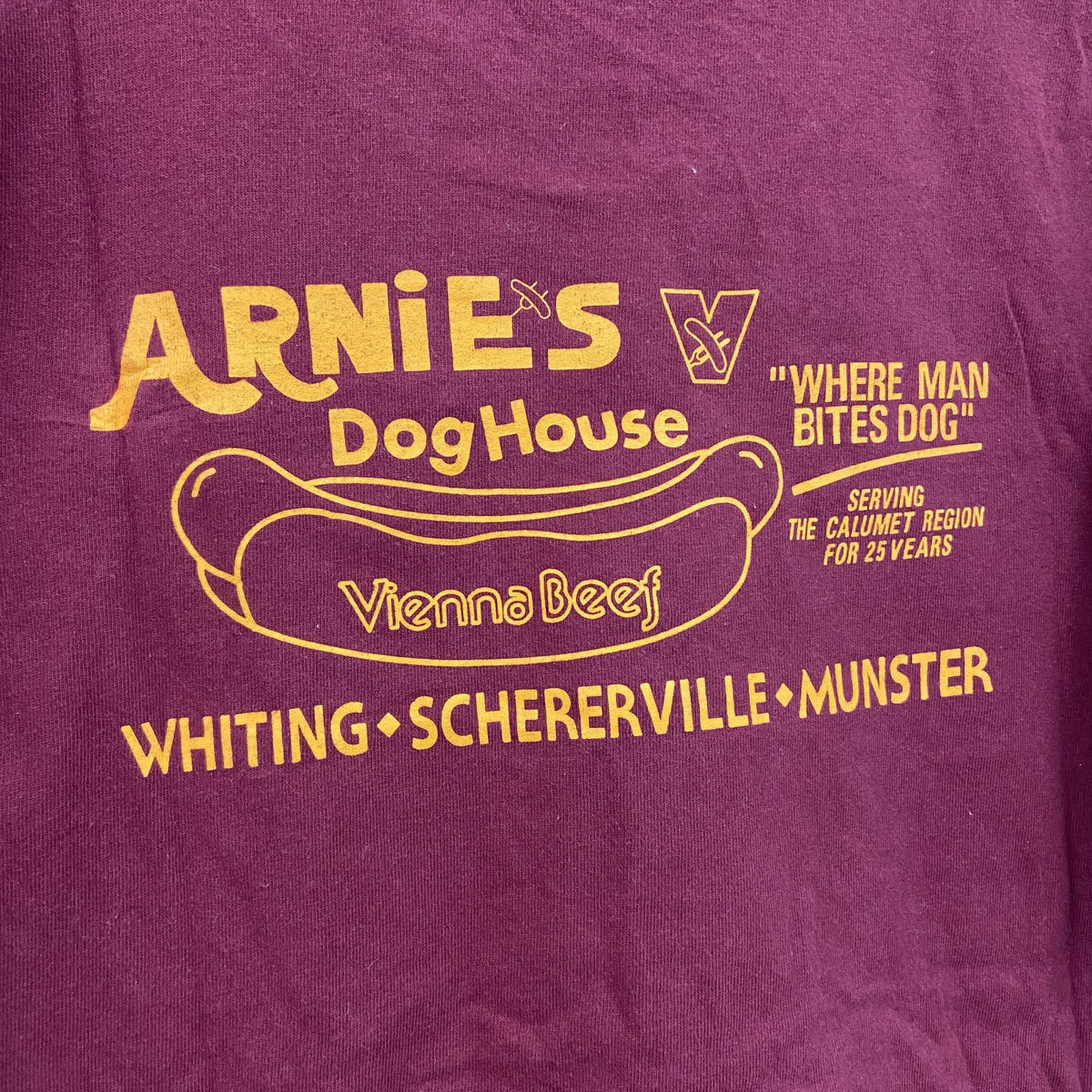 90s　United Sports　半袖プリント企業Tシャツ　ホットドック　シングルステッチ　ヴィンテージ　赤　レッド　ボルドー　Mサイズ　古着