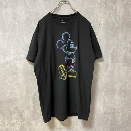古着 used　Disney ディズニー　ミッキー　Mickey　半袖ネオンプリントＴシャツ　黒　クルーネック　キャラクター