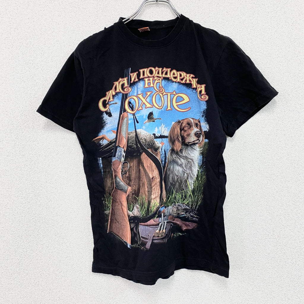 BANZAY　半袖プリントアニマルTシャツ　アーチプリント　3連プリント　犬　黒　ブラック　48サイズ　古着