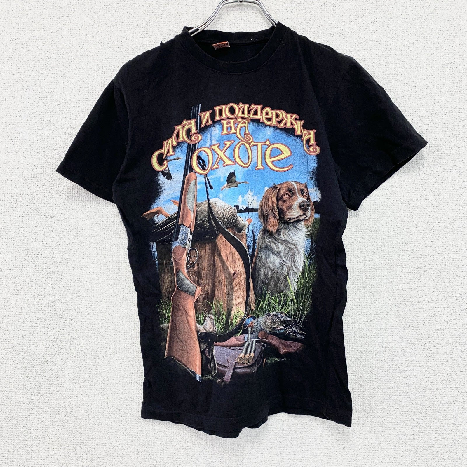 BANZAY　半袖プリントアニマルTシャツ　アーチプリント　3連プリント　犬　黒　ブラック　48サイズ　古着