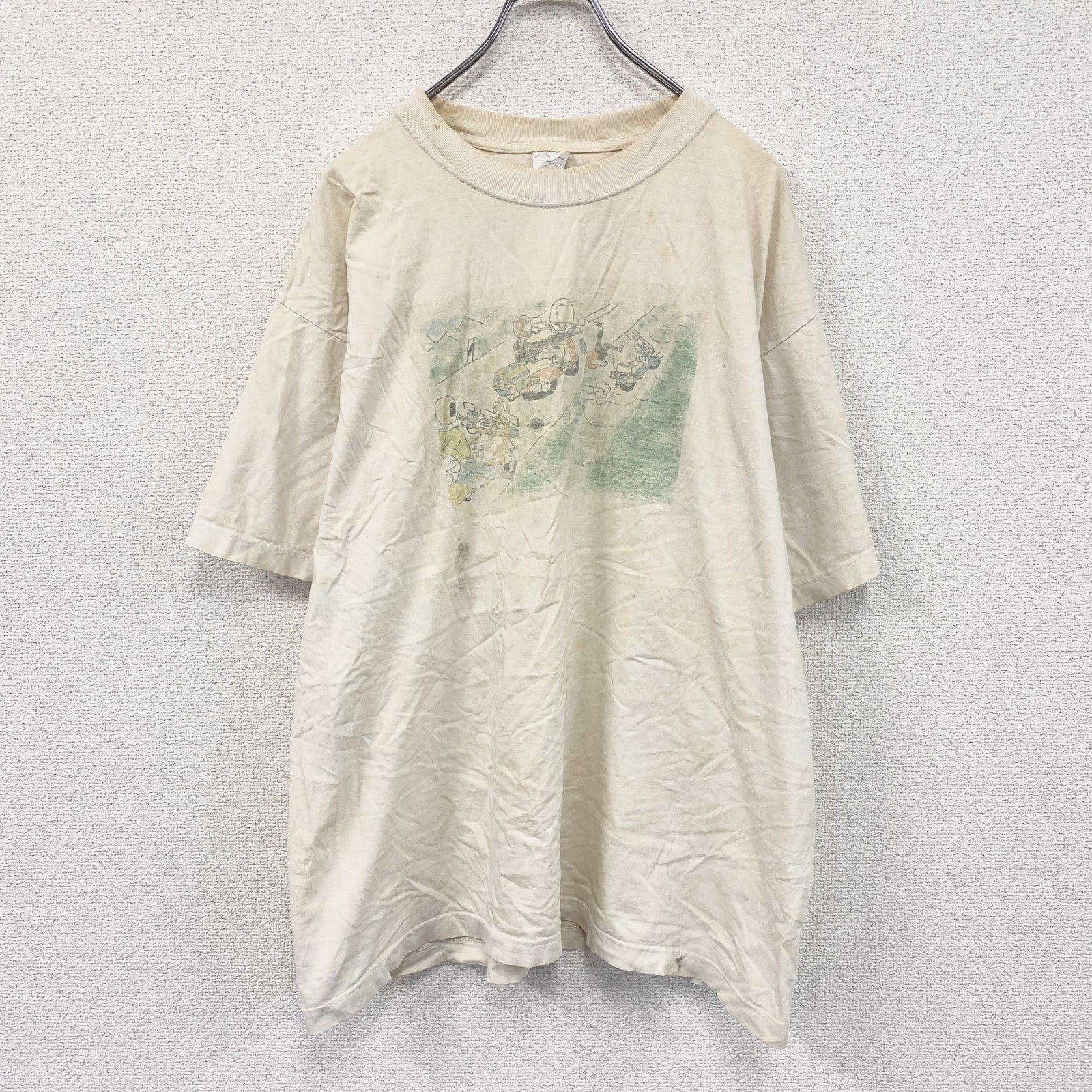 HAKRO　半袖プリントイラストTシャツ　両面プリント　アーチプリント　クルーネック　オフホワイト　XLサイズ　古着