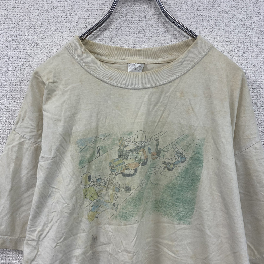 HAKRO　半袖プリントイラストTシャツ　両面プリント　アーチプリント　クルーネック　オフホワイト　XLサイズ　古着