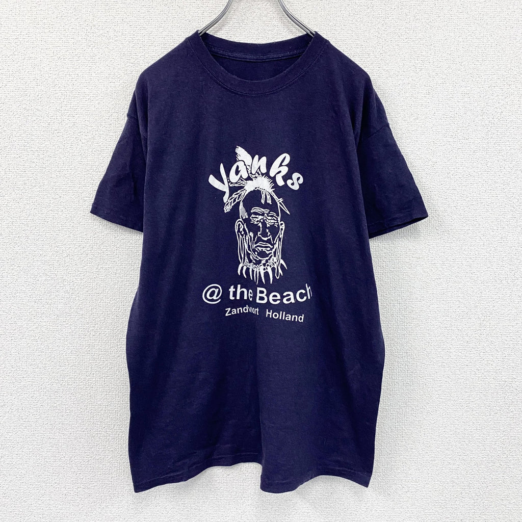 Yanks Indian Club　半袖プリントTシャツ　インディアン　両面プリント　紺　ネイビー　古着