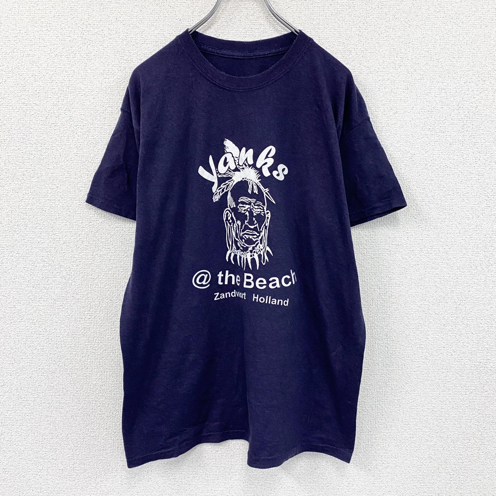 Yanks Indian Club　半袖プリントTシャツ　インディアン　両面プリント　紺　ネイビー　古着