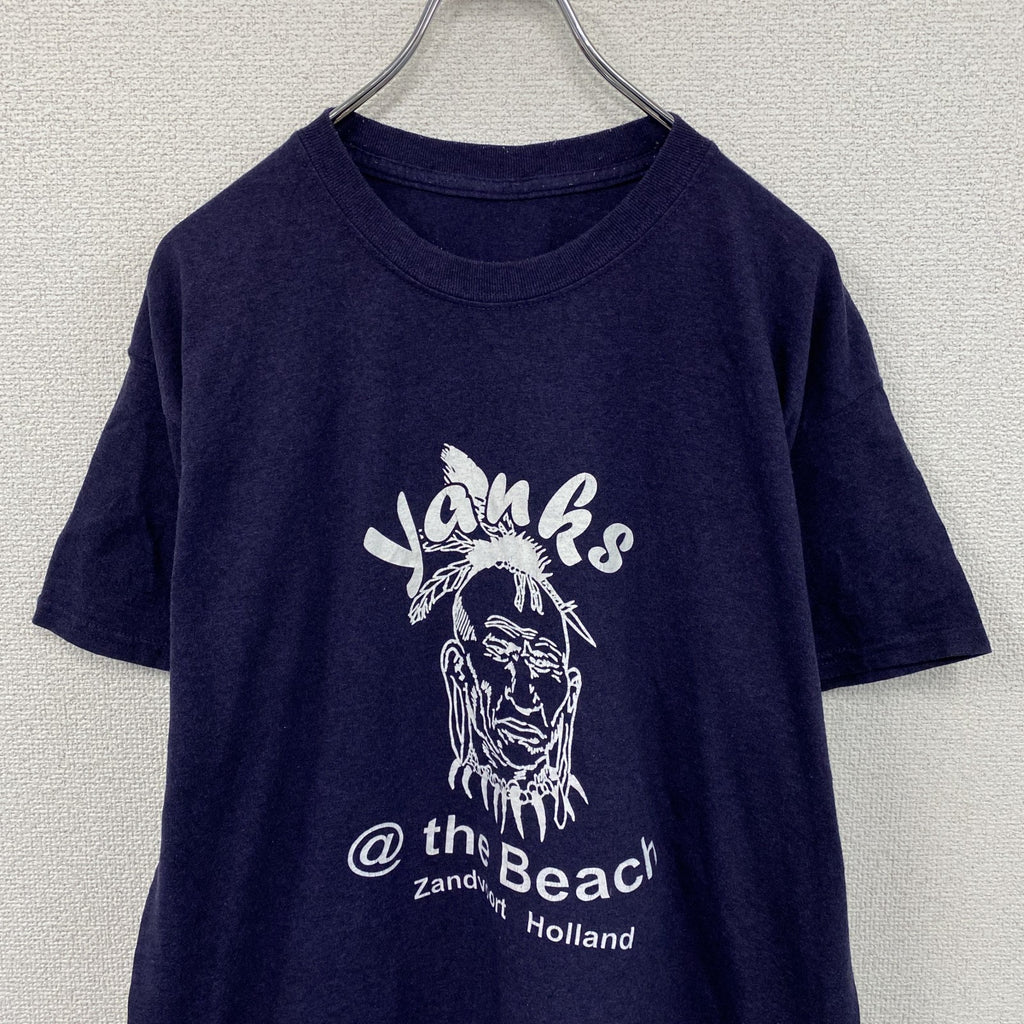 Yanks Indian Club　半袖プリントTシャツ　インディアン　両面プリント　紺　ネイビー　古着