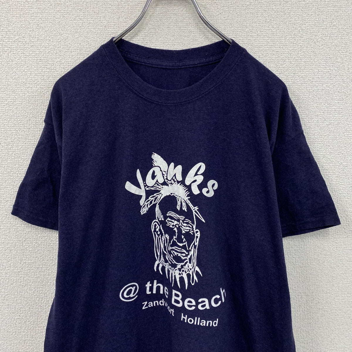 Yanks Indian Club　半袖プリントTシャツ　インディアン　両面プリント　紺　ネイビー　古着