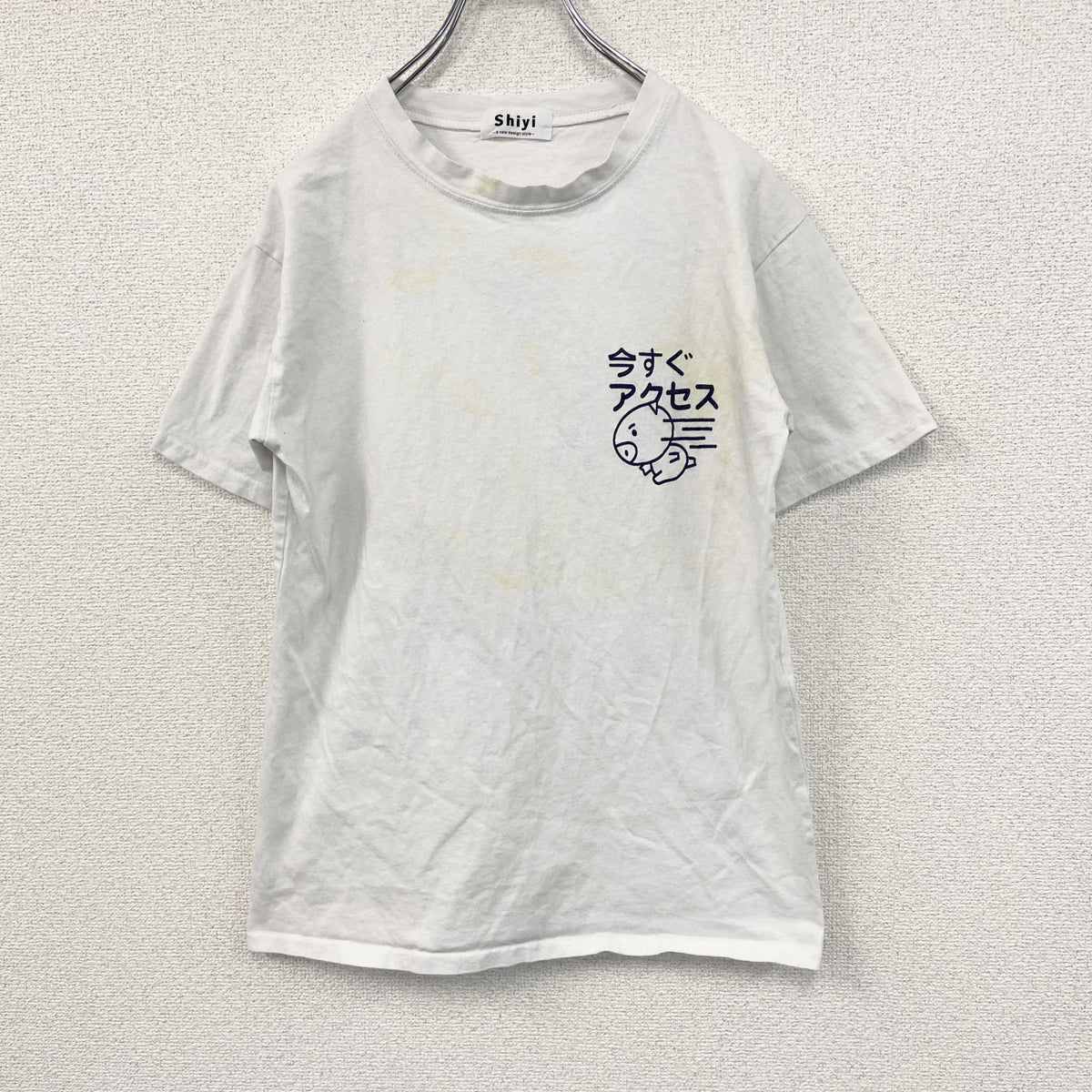 Shiyi　半袖プリントTシャツ　豚　キャラT　白　ホワイト　古着