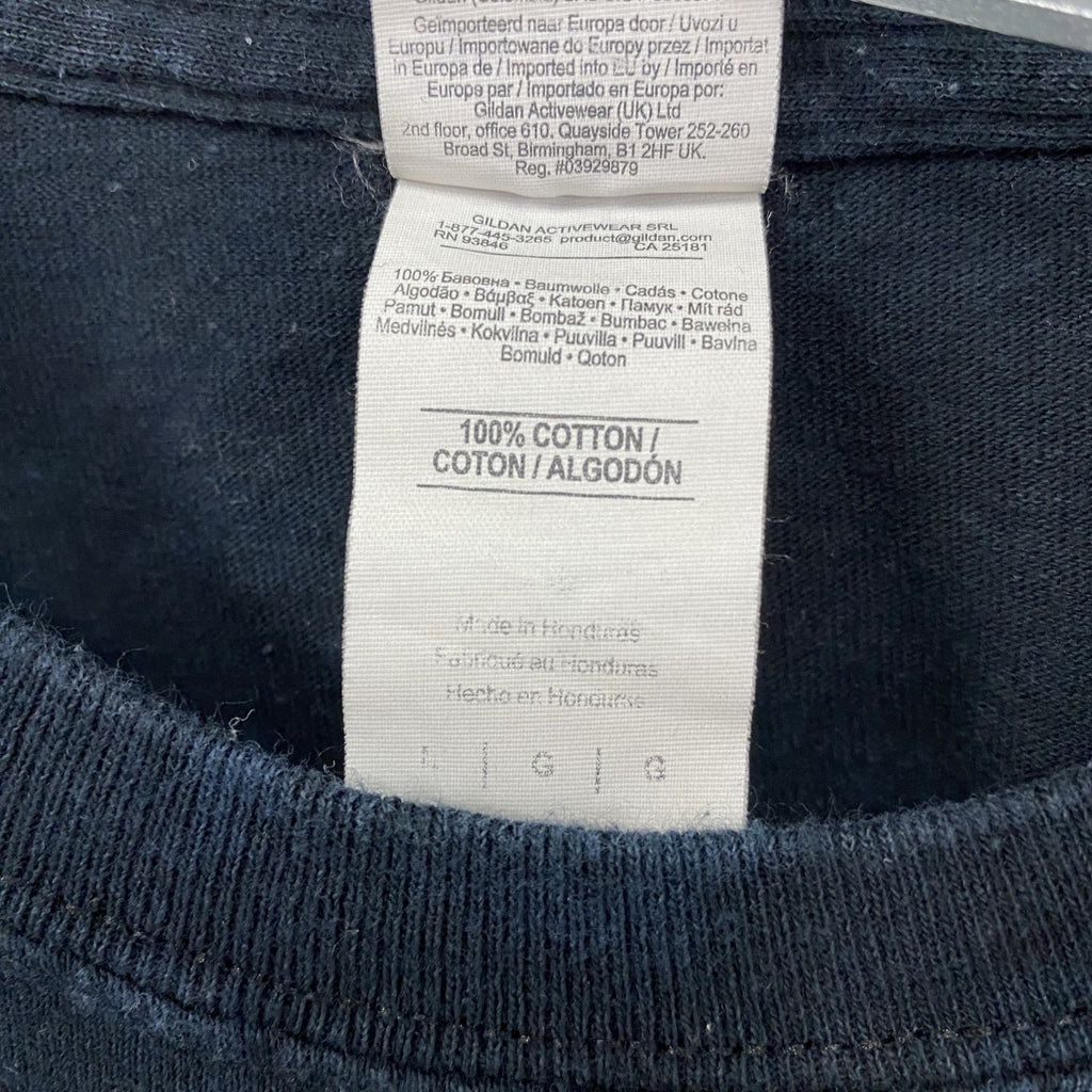 GILDAN　ギルダン　HIGH MINDS UK　半袖プリントTシャツ　紺　ネイビー　Lサイズ　古着