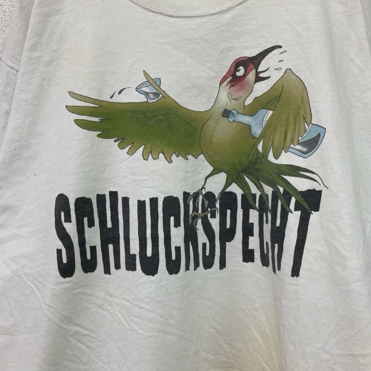 半袖Tシャツ　SCHLUCKSPECHT　アルコール　キツツキ　鳥　白　ホワイト　　古着
