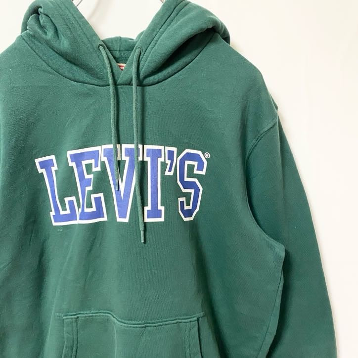 LEVI'Sリーバイス 長袖ロゴプリントプルオーバーパーカー フーディー レトロデザイン グリーン Sサイズ　古着