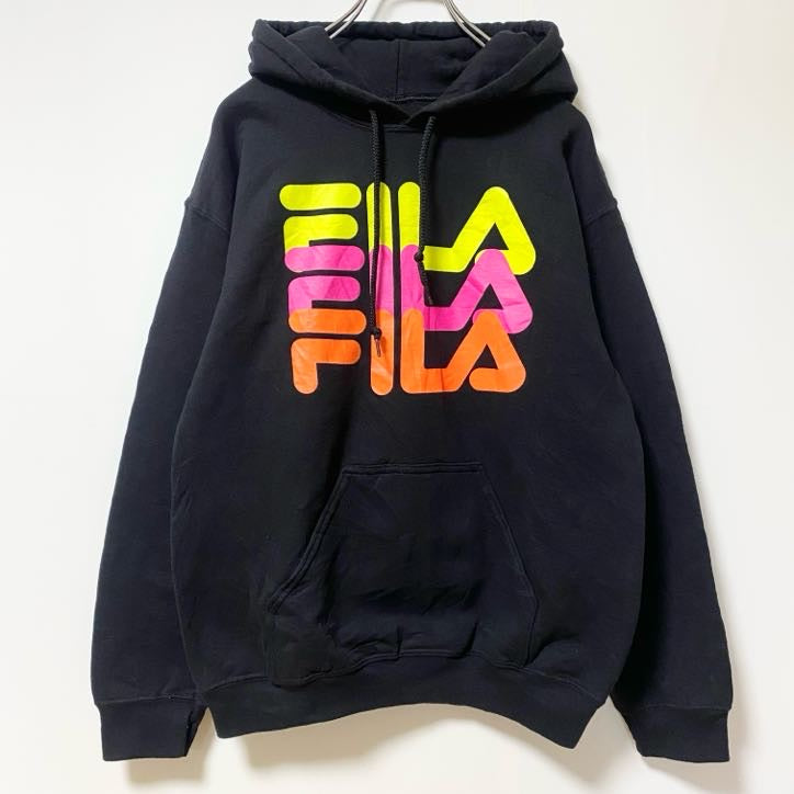 FILA　フィラ　スウェットパーカー/フーディー　デカロゴ　3連プリント　スポーツミックス　ビッグシルエット　黒　ブラック　Ｓサイズ　古着