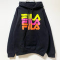 FILA　フィラ　スウェットパーカー/フーディー　デカロゴ　3連プリント　スポーツミックス　ビッグシルエット　黒　ブラック　Ｓサイズ　古着