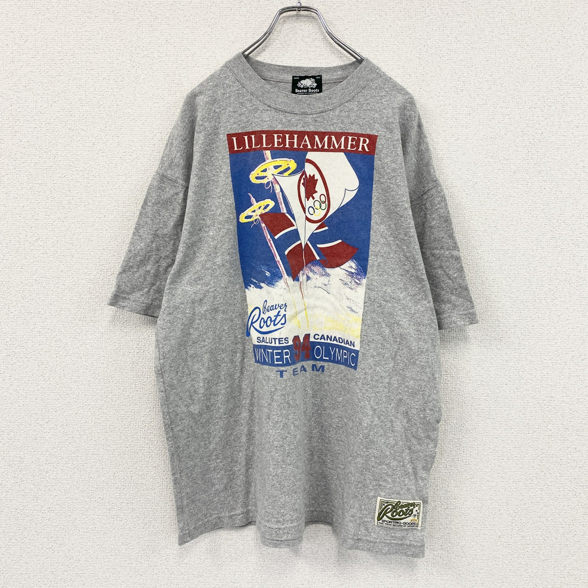 90s　Beaver Roots　ビーバールーツ　リレハンメル冬季オリンピック　半袖プリントTシャツ　シングルステッチ　ヴィンテージ　グレー　灰色　古着