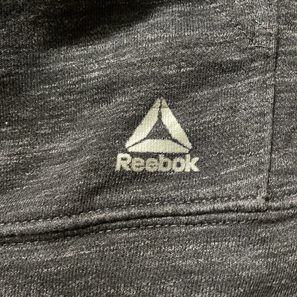 古着 used Reebok リーボック 長袖ワンポイントロゴ袖レイヤードプルオーバーパーカー　個性的　チャコール