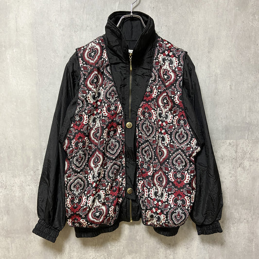 古着 used　LAVON　長袖柄ナイロンジャケット　ハイネックアウター　クレイジーパターン　肩パッド　黒　ブラック　レトロ