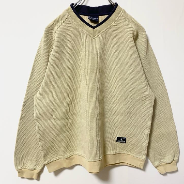 古着 used Champion チャンピオン 長袖Ｖネックワンポイントロゴニット　セーター　ベージュ　ヴィンテージ　Ｓサイズ