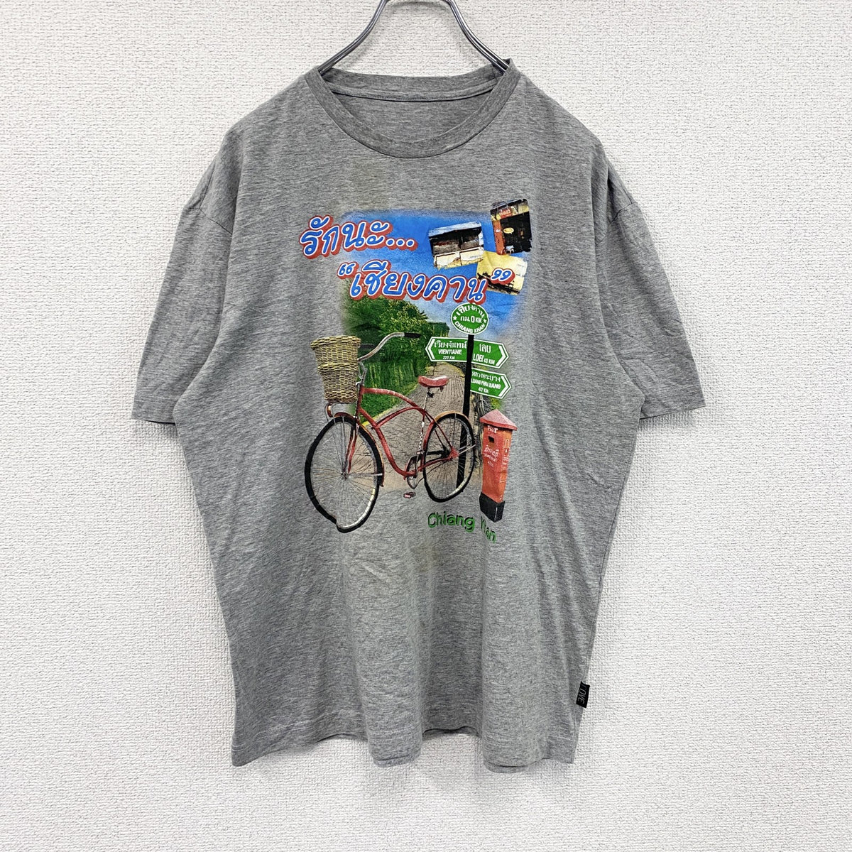 COVE　半袖プリントTシャツ　シャム文字　タイ　タイ文字　灰色　グレー　古着