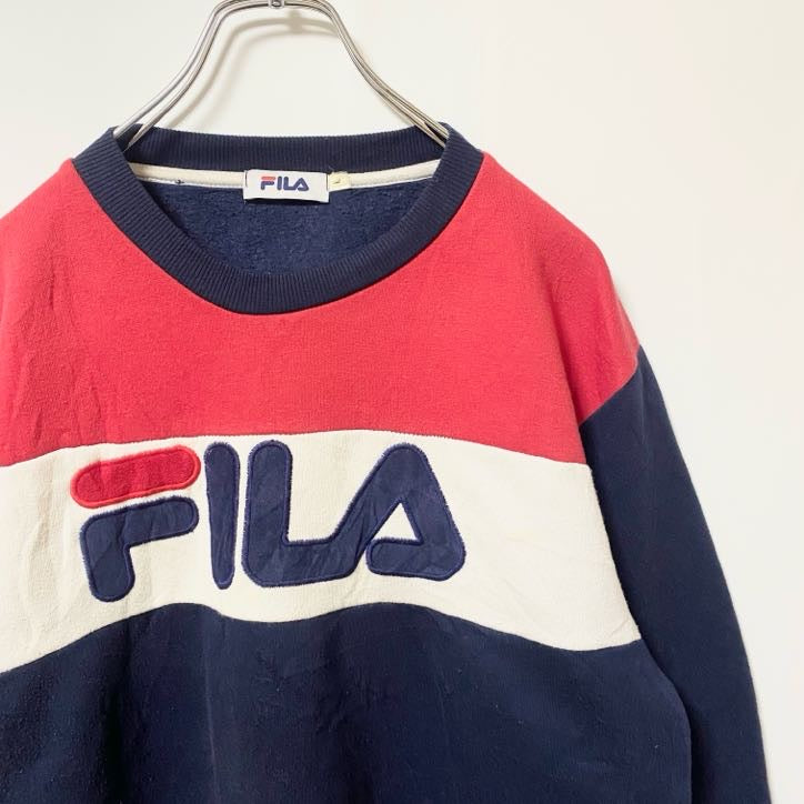 FILA フィラ 長袖クルーネックビッグロゴスウェット　トレーナー　レトロデザイン　ネイビー　紺　Lサイズ　古着