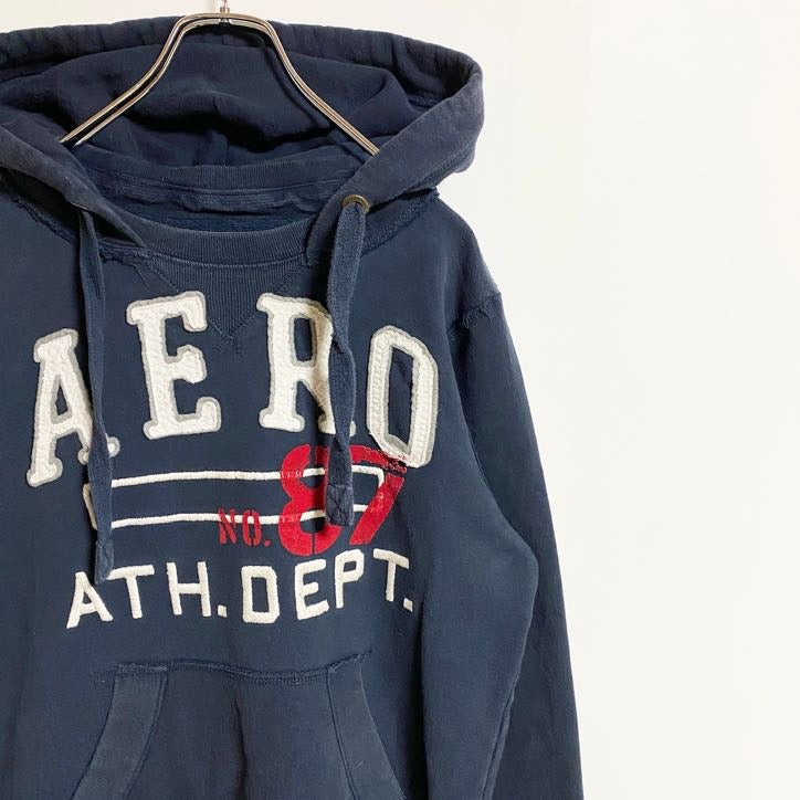 AEROPOSTALE　エアロポステール　長袖ロゴ刺繍パーカー　スウェットプルオーバー　ネイビー　紺　秋冬服　Ｓサイズ　古着