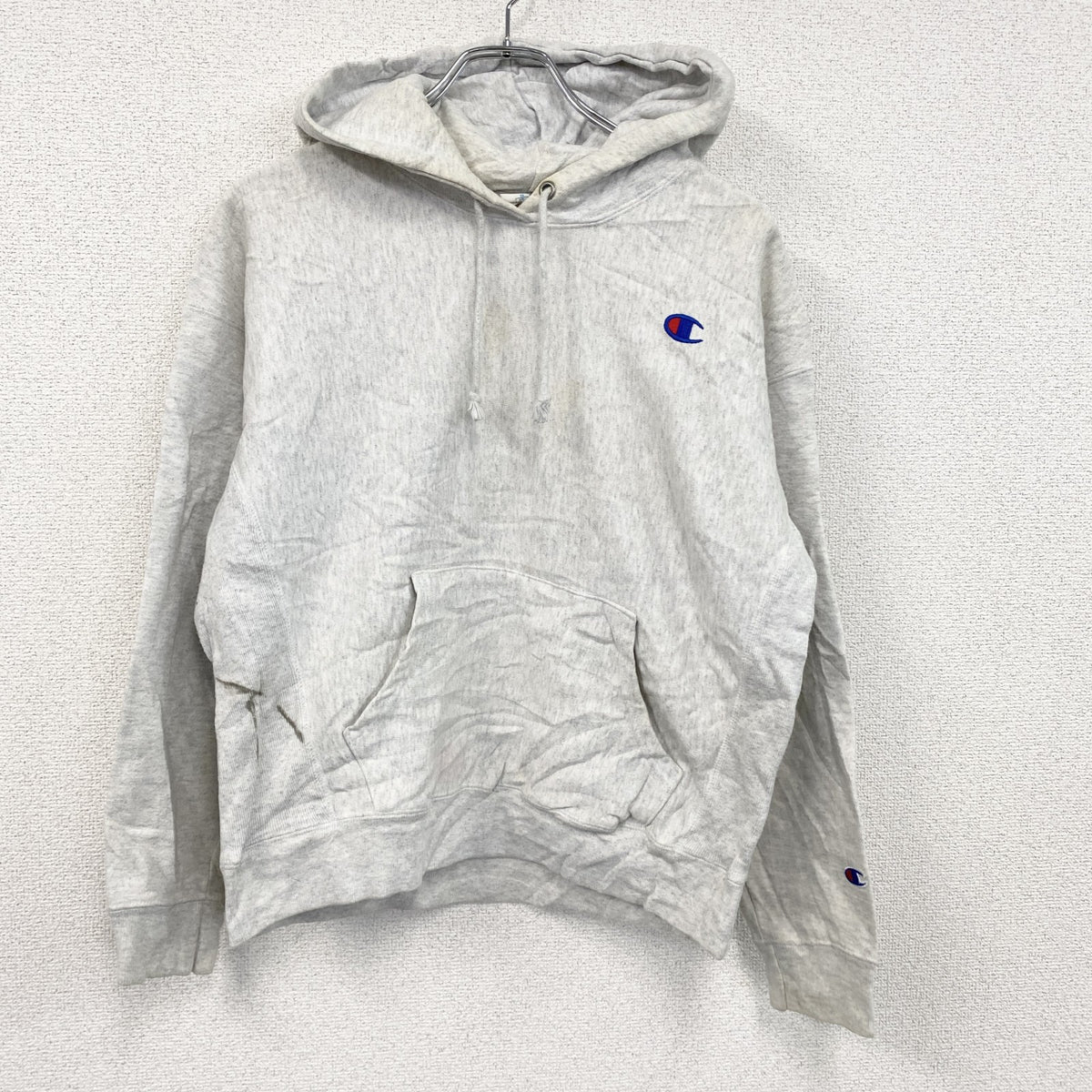 Champion　チャンピオン　リバースウィーブ　スウェットパーカー/フーディー　ヘビーウエイト　刺繍ロゴ　霜降りグレー　Lサイズ トレーナー スウェットトップス フード付き 古着