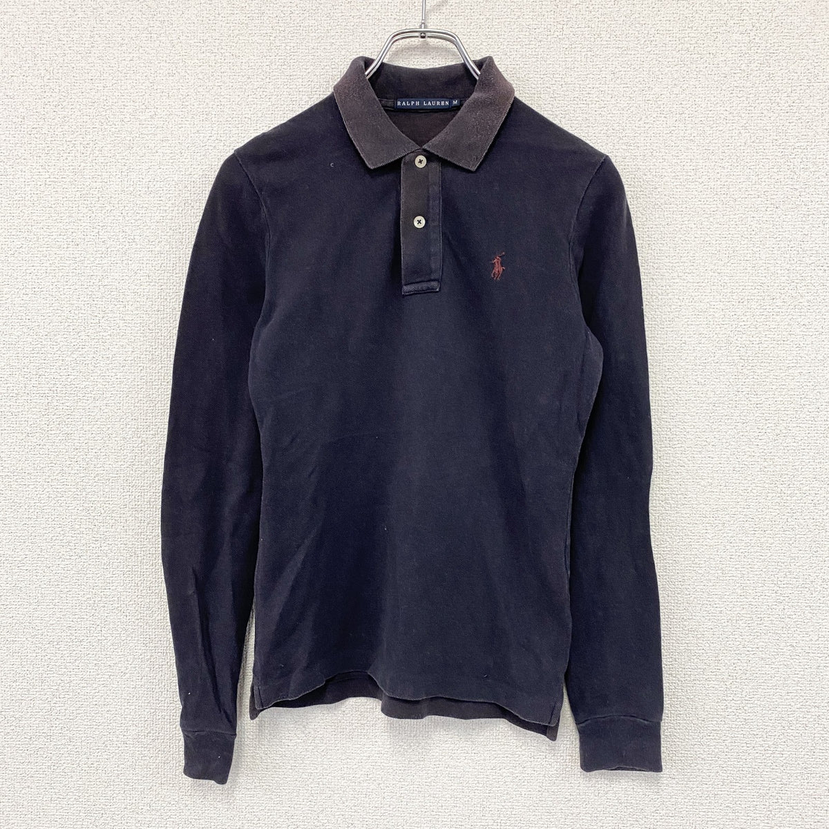 Ralph Lauren　ラルフローレン　長袖ポロシャツ　フェード　黒　ブラック　Mサイズ メンズ コットン ウール 古着