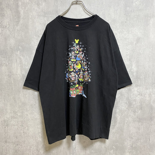 古着 used　Disney　ディズニー　半袖プリントＴシャツ　黒　ブラック　ミッキー　キャラクター　クリスマス　オーバーサイズ