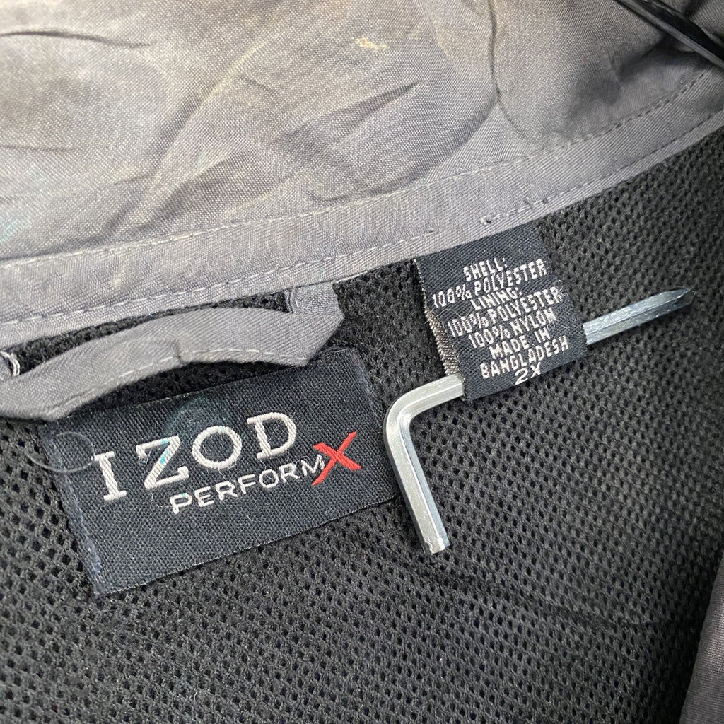 IZOD　アイゾッド　PERFORM　フルジップジャケット　刺繍ロゴ　ワンポイント　黒　ブラック　灰色　グレー　2Xサイズ ウインドブレーカー ナイロンアウター メンズ 古着