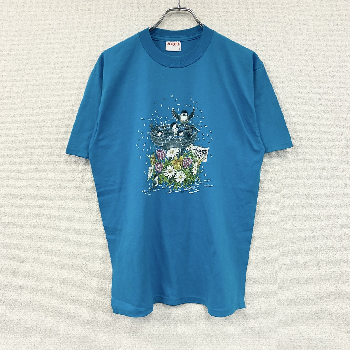 SUNBELT　半袖プリントTシャツ　シングルステッチ　水色　ライトブルー　Lサイズ カットソー メンズ コットン 古着