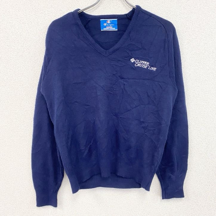 90s　champion　チャンピオン　ニットセーター　刺繍ロゴ　ワンポイント　ヴィンテージ　紺　ネイビー　Mサイズ　古着