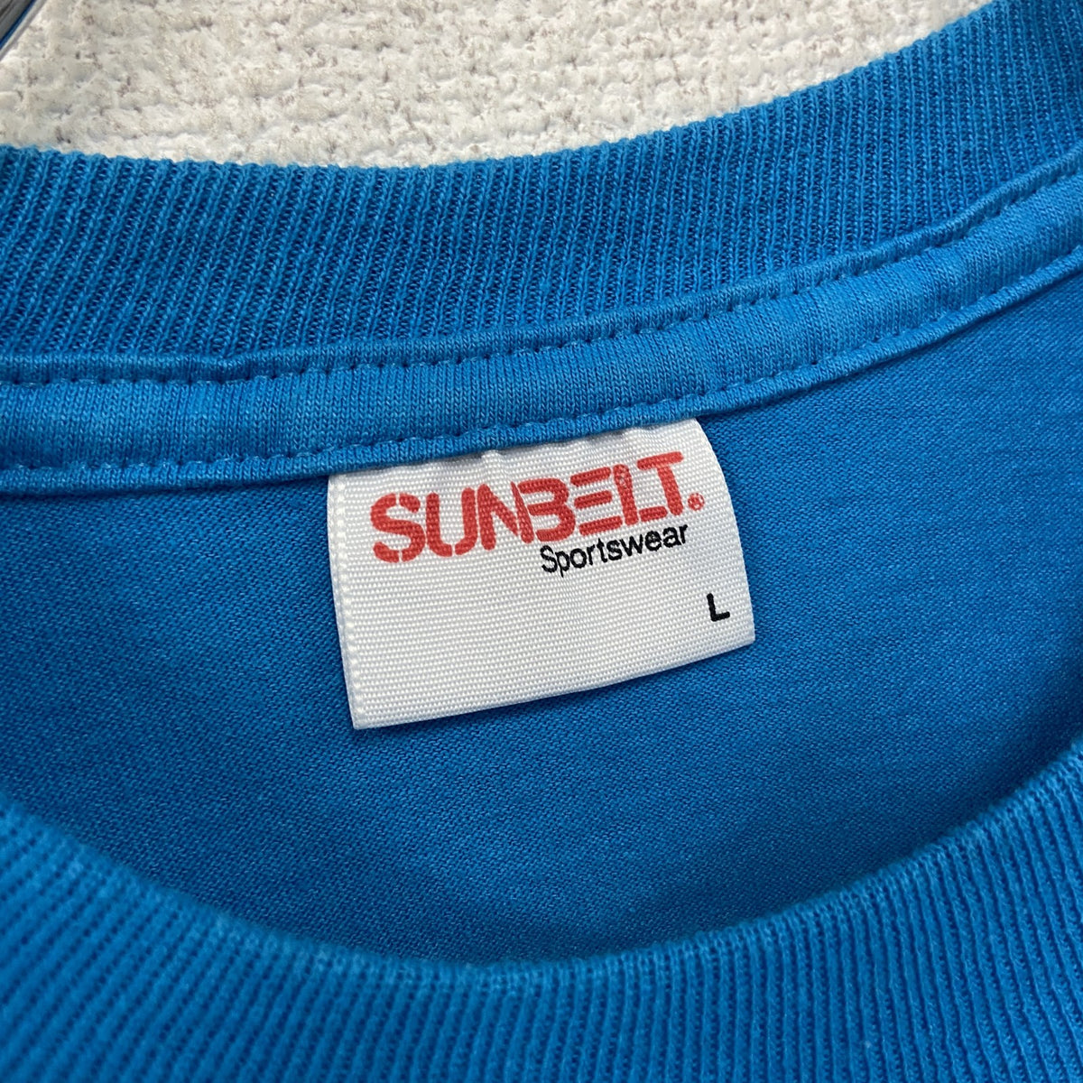 SUNBELT　半袖プリントTシャツ　シングルステッチ　水色　ライトブルー　Lサイズ カットソー メンズ コットン 古着