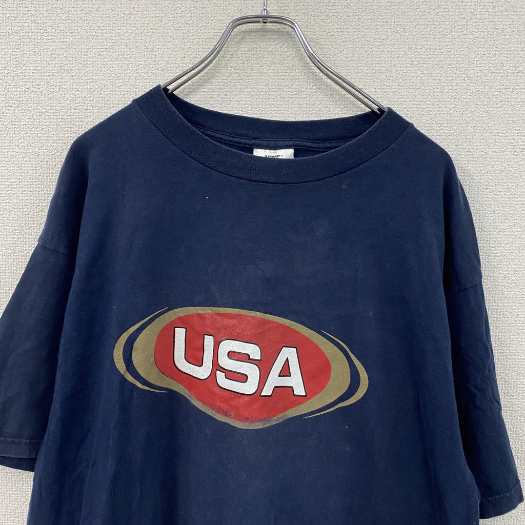 90s～　NIKE　ナイキ　半袖プリントTシャツ　ヴィンテージ　スウッシュ　紺　ネイビー　Lサイズ 　古着