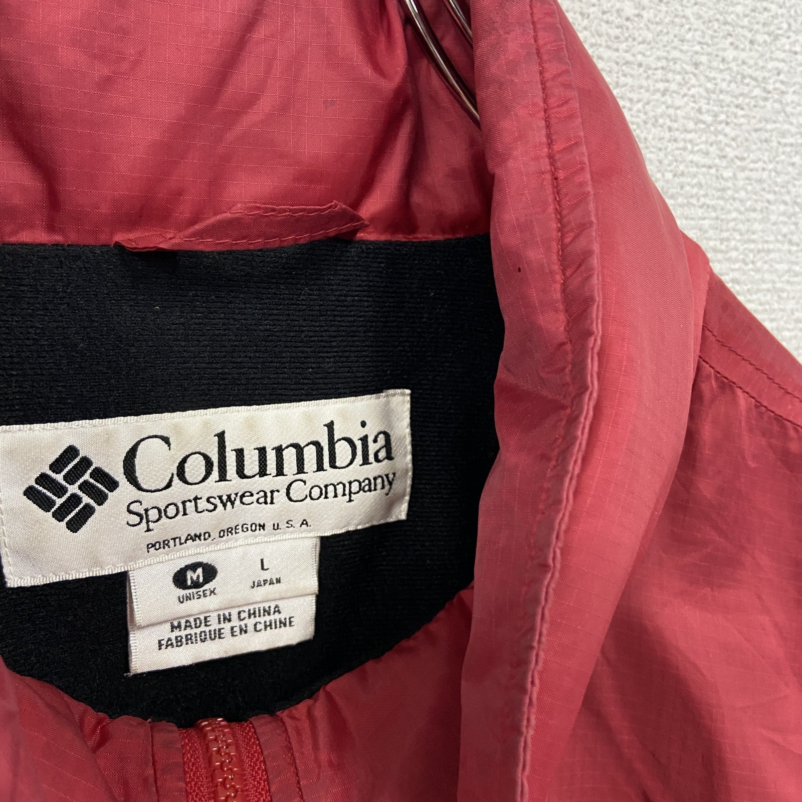 Columbia　コロンビア　フルジップナイロンジャケット　リップストップ　刺繍ロゴ　3つポケット　赤　レッド　Lサイズ　古着