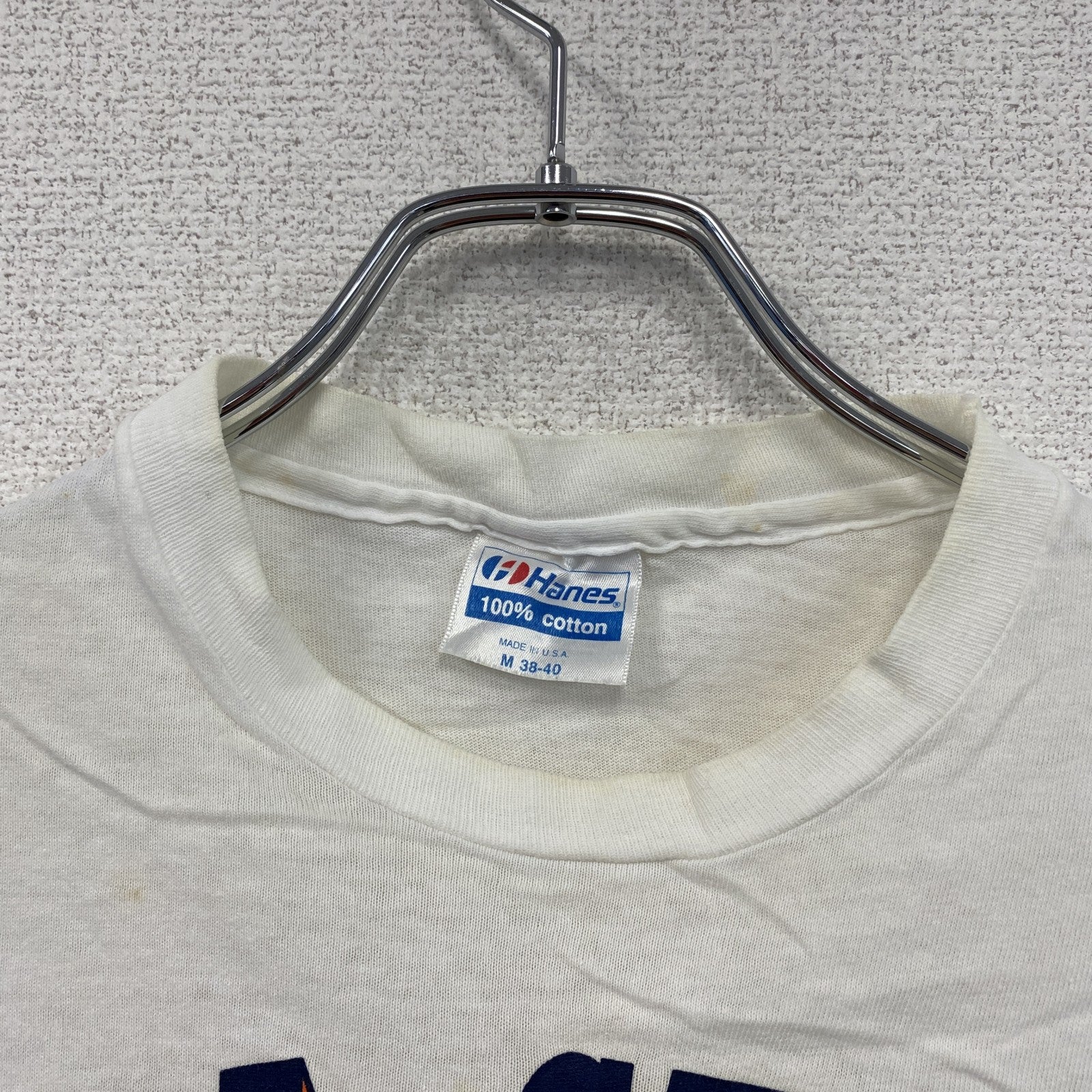 ～90s　Hanes　ヘインズ　半袖プリントTシャツ　カレッジロゴ　シングルステッチ　白　ホワイト　Mサイズ　　ヴィンテージ　古着