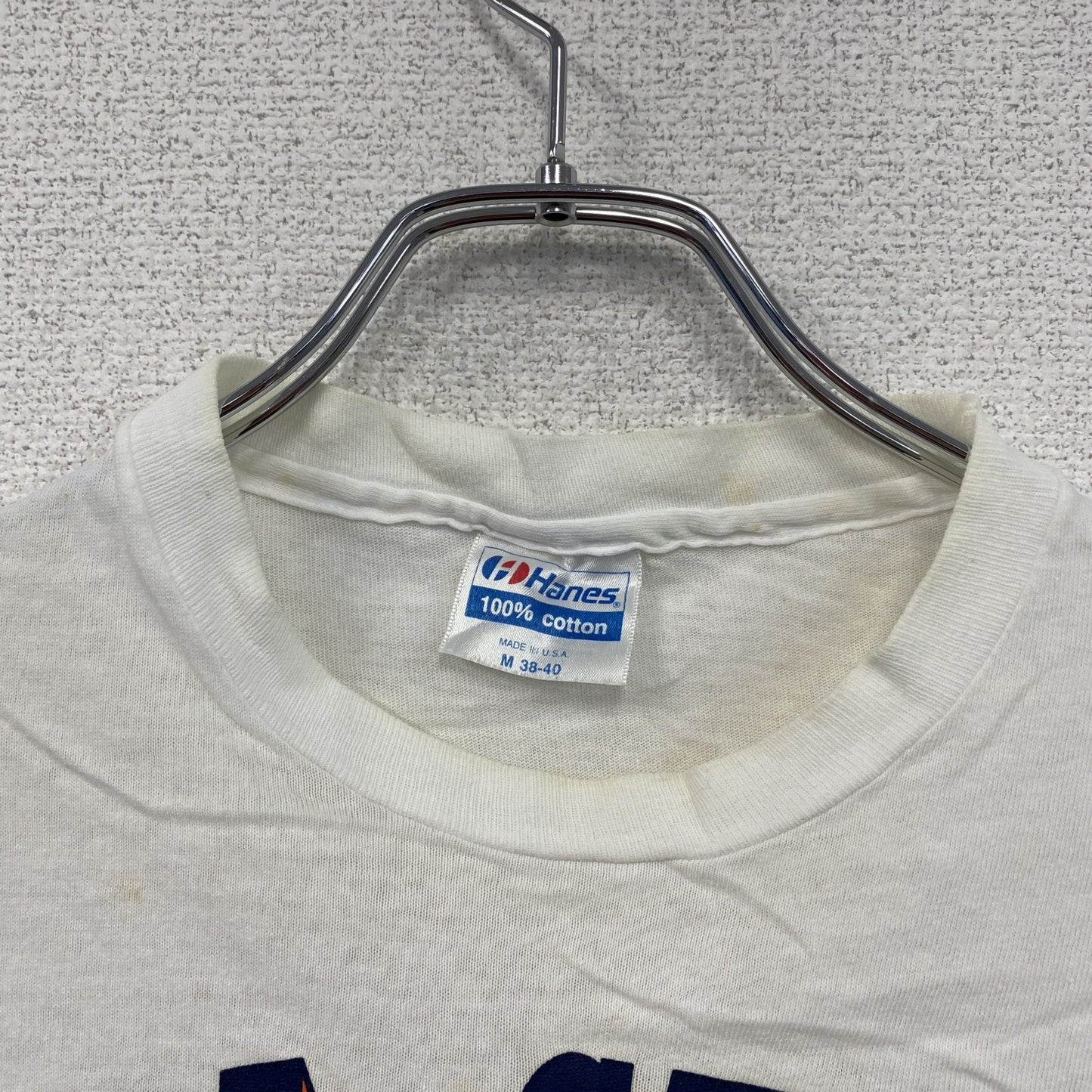 ～90s　Hanes　ヘインズ　半袖プリントTシャツ　カレッジロゴ　シングルステッチ　白　ホワイト　Mサイズ