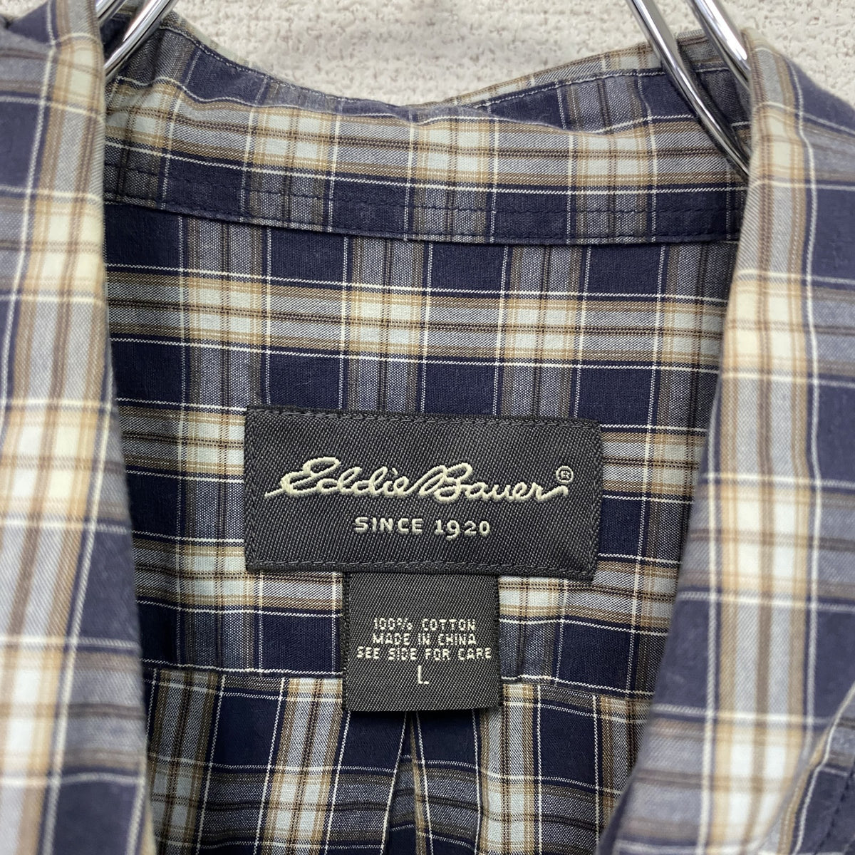 Eddie Bauer　エディーバウアー　半袖ボタンダウンシャツ　チェック柄　紺　ネイビー　Lサイズ　古着