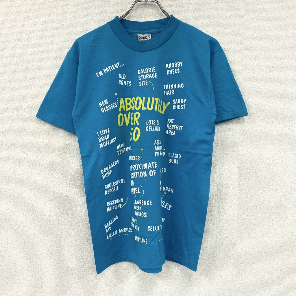 ONEITA　半袖プリントTシャツ　シングルステッチ　水色　ライトブルー　Lサイズ カットソー メンズ コットン 古着
