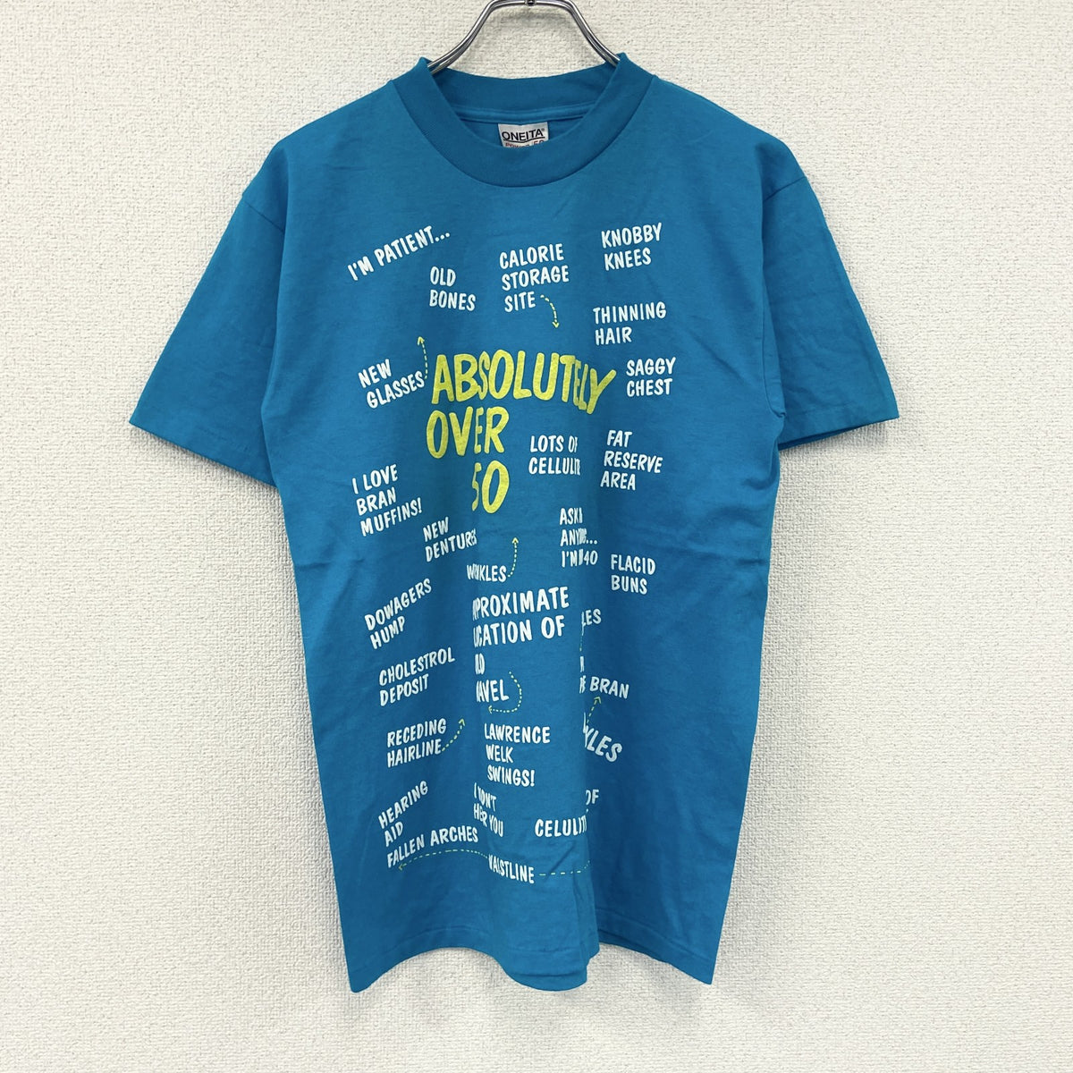 ONEITA　半袖プリントTシャツ　シングルステッチ　水色　ライトブルー　Lサイズ カットソー メンズ コットン 古着