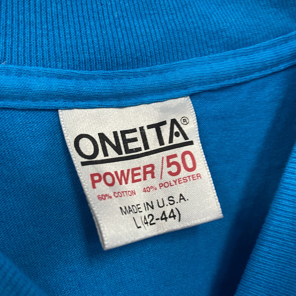 ONEITA　半袖プリントTシャツ　シングルステッチ　水色　ライトブルー　Lサイズ カットソー メンズ コットン 古着