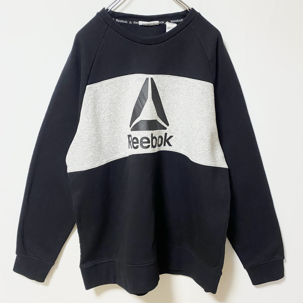 Reebok　リーボック　長袖クルーネックロゴプリントスウェット　トレーナー　ラグランスリーブ　ブラック　Lサイズ　古着