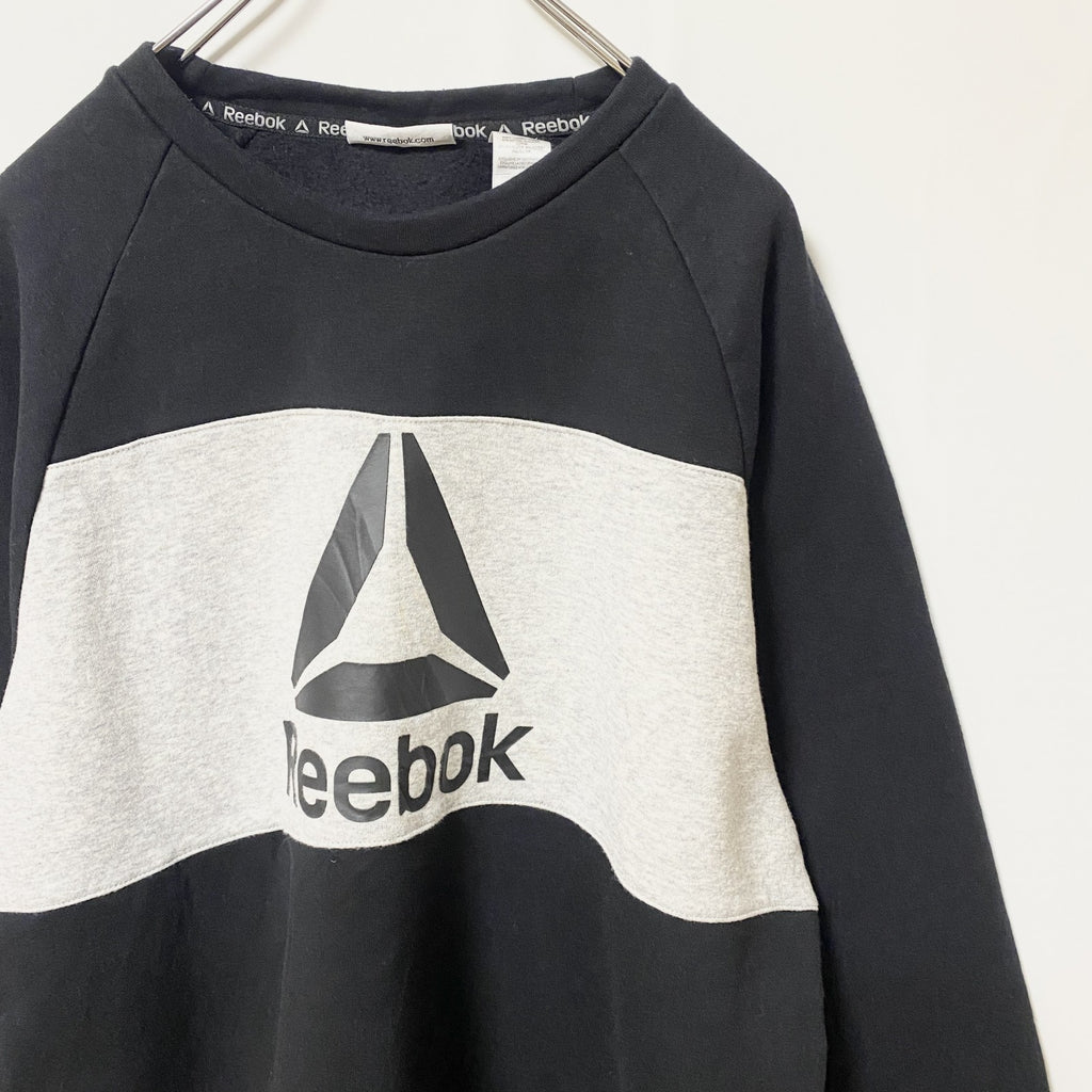 Reebok　リーボック　長袖クルーネックロゴプリントスウェット　トレーナー　ラグランスリーブ　ブラック　Lサイズ　古着