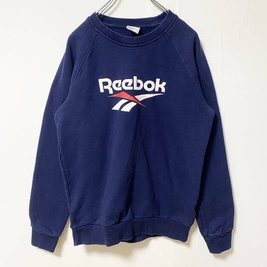 古着 used　Reebok　リーボック　長袖クルーネックロゴプリントスウェット　トレーナー　ラグランスリーブ　ネイビー　Sサイズ