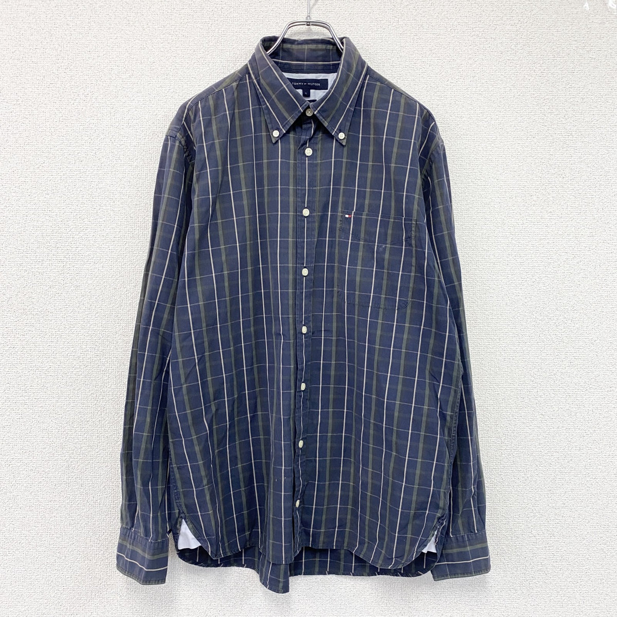 TOMMY HILFIGER　トミーヒルフィガー　長袖ボタンダウンシャツ　チェック柄　紺　ネイビー　Lサイズ メンズ 古着