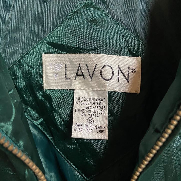 古着 used　LAVON　長袖ジップアップナイロンジャケット　ハイネック　花柄　肩パッド　緑　黒　秋冬服　レトロ　Sサイズ