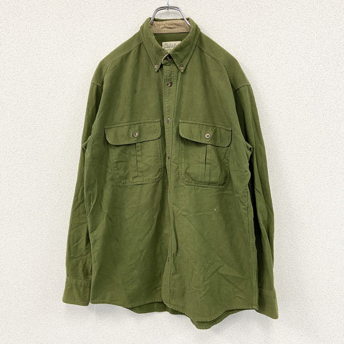 Cabela's　カベラス　長袖ボタンダウンシャツジャケット　ミリタリー　2つポケット　無地　緑　グリーン　Mサイズ　古着