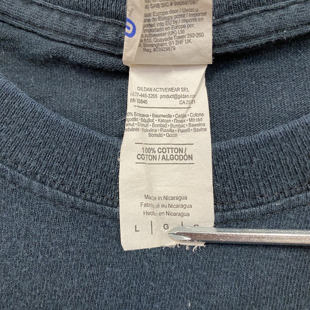 GILDAN　ギルダン　Premier　プレミアオーソペディクス　半袖プリントTシャツ　企業ロゴ　紺　ネイビー　Lサイズ　古着