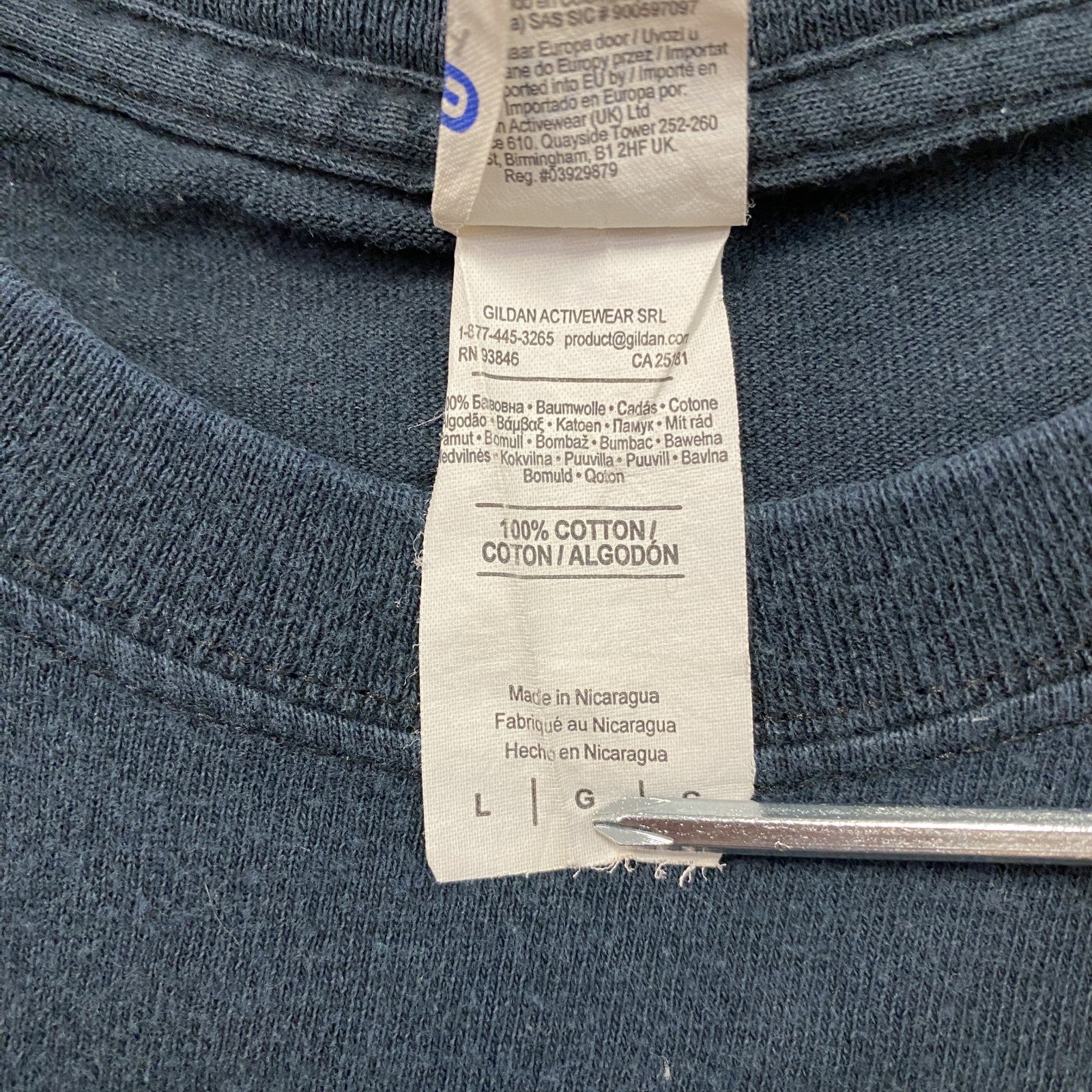 GILDAN　ギルダン　Premier　プレミアオーソペディクス　半袖プリントTシャツ　企業ロゴ　紺　ネイビー　Lサイズ　古着