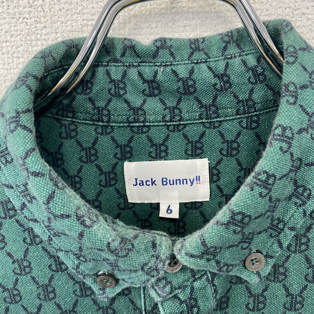 Jack Bunny!!　ジャックバニー　長袖ボタンダウンポロシャツ　総柄　緑　グリーン　6サイズ メンズ コットン ポリウレタン 古着