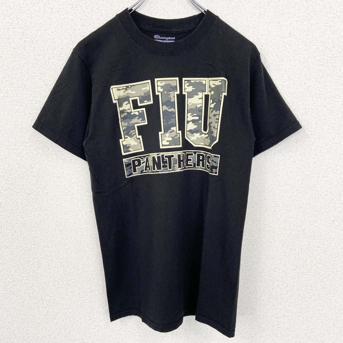 Champion　チャンピオン　半袖プリントTシャツ　FIU　PANTHERS　黒　ブラック　迷彩柄　Sサイズ　古着