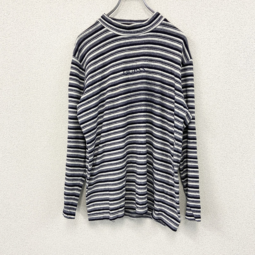 GUESS　ゲス　長袖フリースＴシャツ　ボーダー柄　ワンポイント　マルチカラー　Ｍサイズ　古着