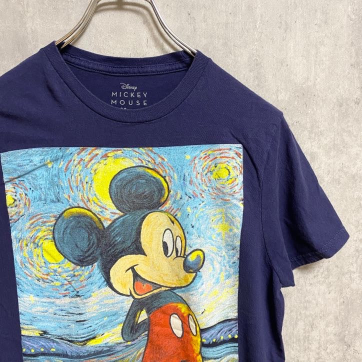 Disney ディズニー　Mickey ミッキー　半袖プリントＴシャツ　ネイビー　紺　キャラクター　クルーネック　古着